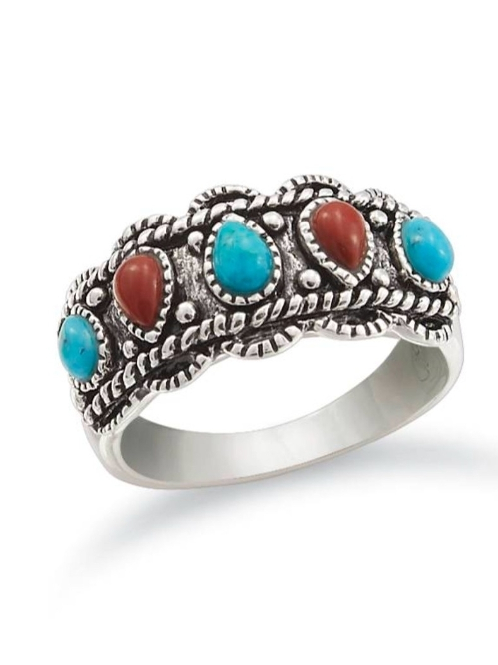 Sterling Silver Turquoise & Red Jasper Ring - Women's Stackable Band, Sz 9